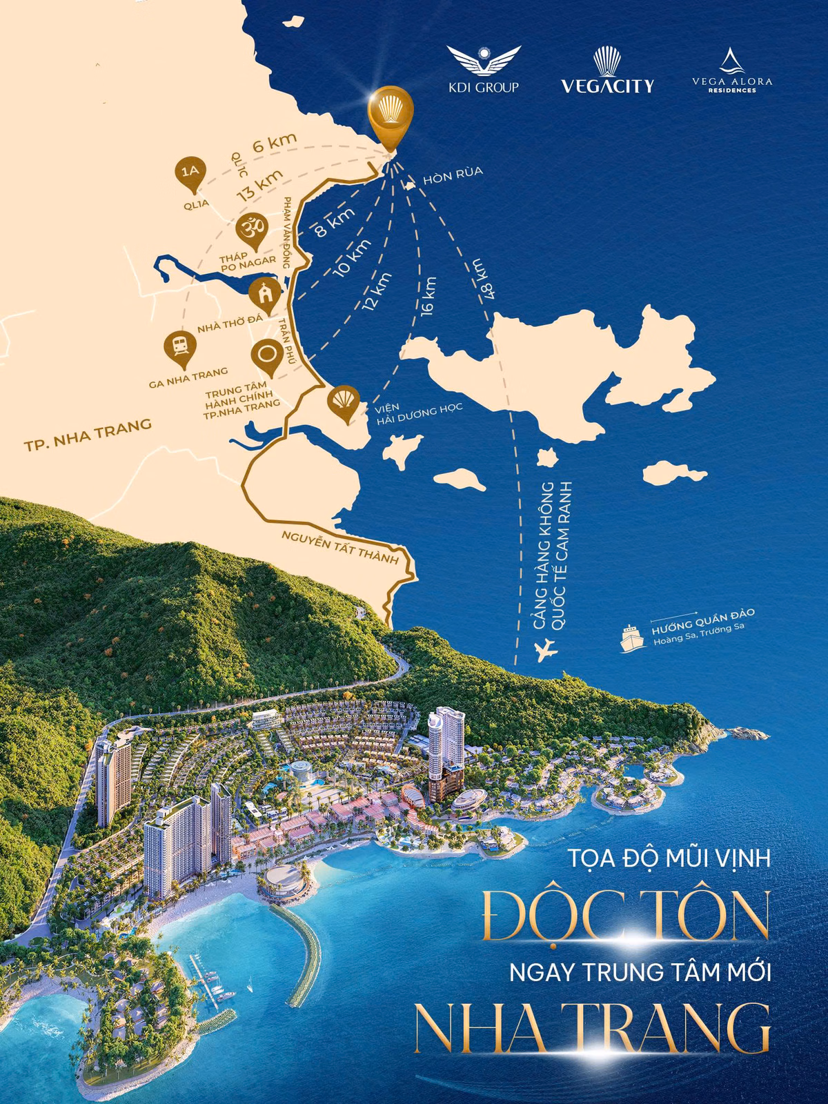 Toàn cảnh dự án Vega Alora Residences Nha Trang nhìn từ trên cao với biển Bãi Tiên xanh ngọc.